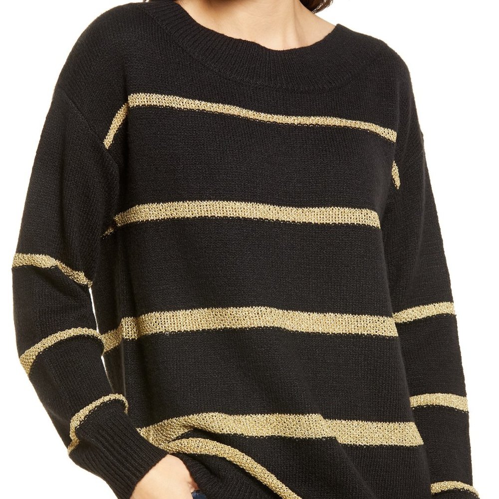 NEW Treasure &‎ Bond Metallic Stripe Sweater in Black-Gold Size Medium Boat Neck